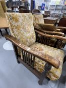Early 20th cent. Oak adjustable sliding upholstered armchairs, a pair.