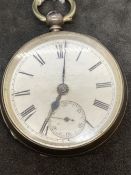 Silver open faced pocket watch, white dial, black Roman numerals, second hand chapter ring at 6 o