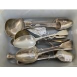 Hallmarked Silver: Flatware, pair of sauce labels and eight dessert spoons, various hallmarks. Total