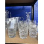 Early 20th cent. Cut glass ring neck decanter and eight tumblers, plus lemonade jug and six