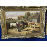 19th cent. English School: Oil on canvas Farmyard Study with Huntsmen in background, in the style