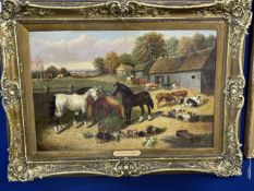 19th cent. English School: Oil on canvas Farmyard Study with Huntsmen in background, in the style