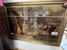 19th cent. Crystoleum study of people and horses, a couple caught eloping, framed. 17ins. x 11ins.