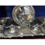 Norwegian Silver Plate: Low two branch candlesticks stamped G.P Z 806, 5ins. Gallery tray engraved