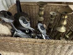20th cent. Brassware: Candlesticks, 12ins. and 9ins. Lizards x 2, etc. Plus iron five branch
