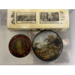 19th cent. Continental papier mache snuff box with painted scene of figures and animals 3½ins, small