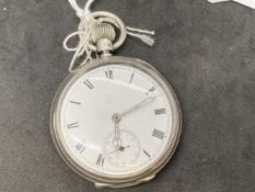 Silver open faced pocket watch, white dial, black Roman numerals, second hand chapter ring at 6b o