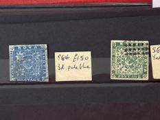 Stamps: Nova Scotia 1851, SG4, 3d Pale Blue, imperf, used, clipped bottom edge and SG5, 6d Yellow