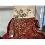19th cent. Chinese embroidered silk shawl with bands of flora on a red ground. 56ins. x 54ins.