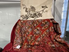 19th cent. Chinese embroidered silk shawl with bands of flora on a red ground. 56ins. x 54ins.