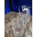 20th cent. Glass: Water set comprising jug and six glasses, floral pattern.