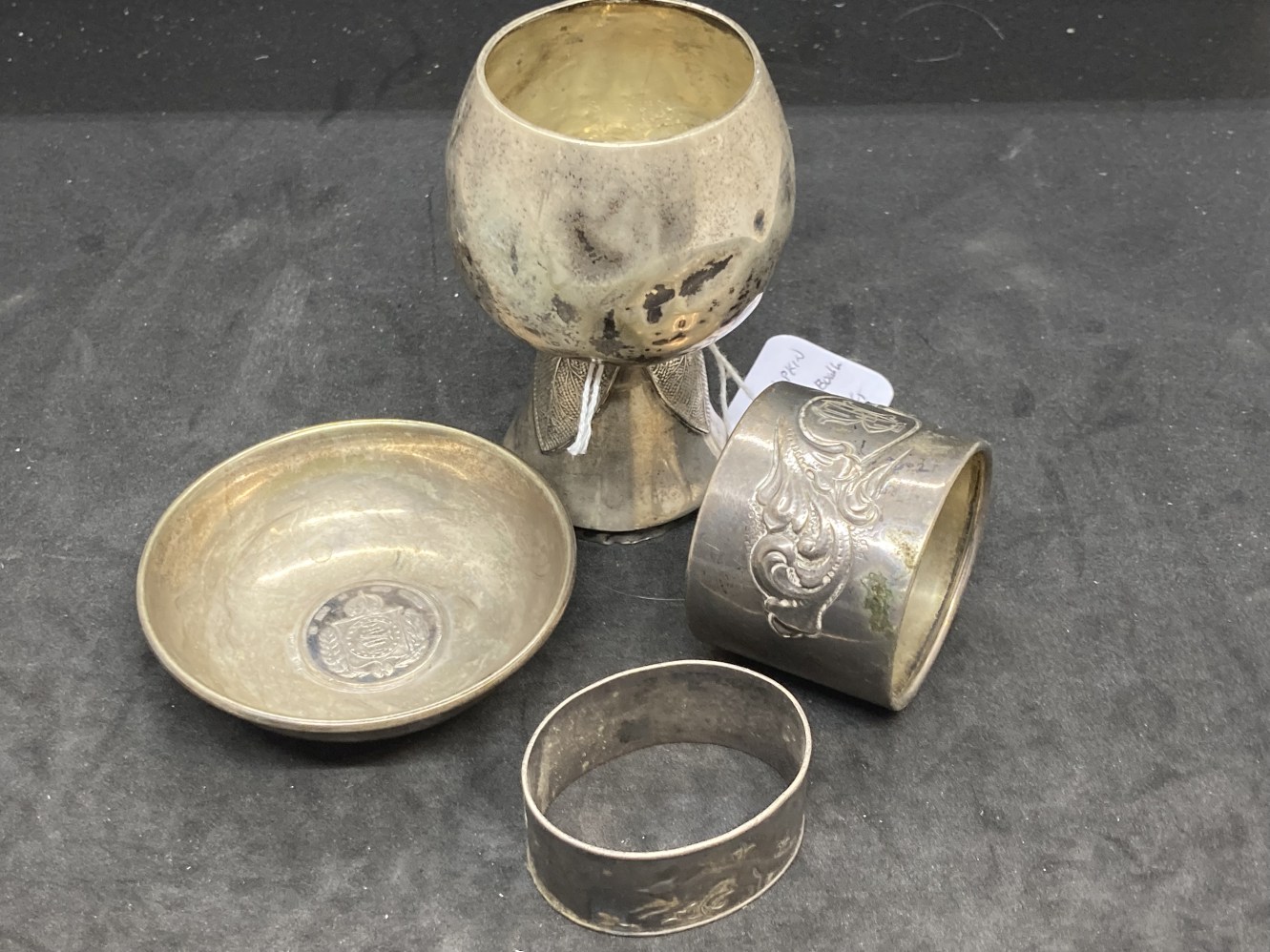 Scandinavian Silver: Two napkin rings, one supper bowl and one Christening cup. Total weight 4.7oz.