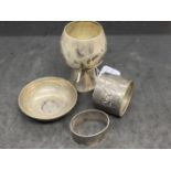 Scandinavian Silver: Two napkin rings, one supper bowl and one Christening cup. Total weight 4.7oz.