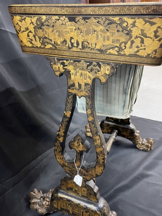 Chinese export lacquer black and gilt sewing table c1850. The lid lifts to reveal compartments for - Image 5 of 11