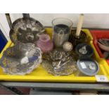 Glass/Platedware: Three silver plate bon bon dishes, tea strainer and sugar nips, miner's lamp style