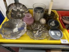 Glass/Platedware: Three silver plate bon bon dishes, tea strainer and sugar nips, miner's lamp style