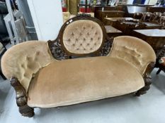 Antiques: 19th cent. Show wood pierced button back sofa.