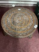 19th cent. Asian hardwood footstool heavily carved from top to bottom with stylised birds and