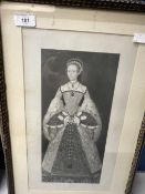 English School engraving Queen Catherine Parr in black and gilt Gothic frame. 16ins. x 9ins.