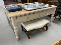 19th cent. French scrubbed pine plank top table, on turned supports, two drawers, and extender