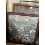 19th cent. Chinese framed silk work panel. 14ins. x 13ins. Japanese silk work picture, two