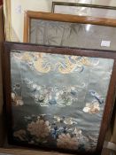 19th cent. Chinese framed silk work panel. 14ins. x 13ins. Japanese silk work picture, two