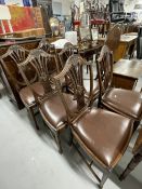 Mid 20th cent. Mahogany dining chairs, shield corn sheaf backs with Rexine drop in seats. (6)