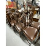 Mid 20th cent. Mahogany dining chairs, shield corn sheaf backs with Rexine drop in seats. (6)