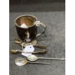 English Silver: Christening mug, Birmingham 1836-7, sugar nips, cat finial spoon and replica Roman