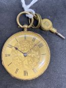 Yellow metal open faced key wind dress pocket watch, champagne coloured dial, black Roman