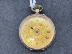 Yellow metal open faced dress pocket watch, champagne coloured dial with black Roman numerals.