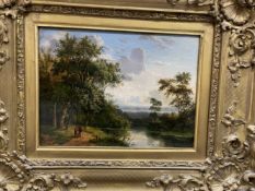 Elias David Gans: 19th cent. Dutch oil on board, figures talking by a river landscape, signed and