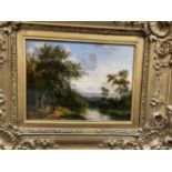 Elias David Gans: 19th cent. Dutch oil on board, figures talking by a river landscape, signed and