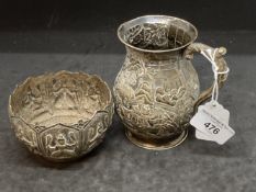 White metal jug and bowl with embossed decoration, tests as silver. Chinese and Burmese export.