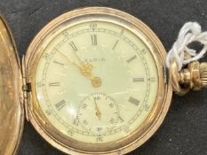 Gold plated Elgin full hunter pocket watch, off white dial, black Roman numerals with a second