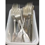 Hallmarked Silver: Flatware, seven dinner forks, seven butter knives, and pickle fork. Various