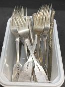 Hallmarked Silver: Flatware, seven dinner forks, seven butter knives, and pickle fork. Various