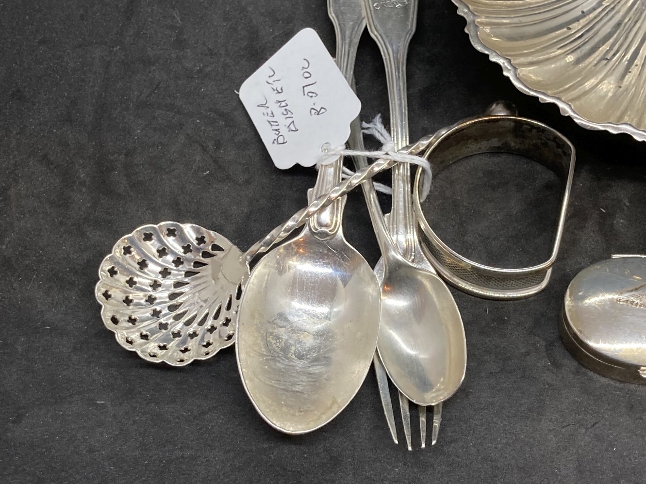 Hallmarked Silver: Butter dish, pill box, Vesta case, two spoons, napkin ring, etc. Various - Image 3 of 4