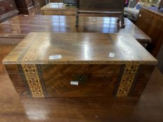 19th cent. Mahogany writing slope with coloured marquetry inlay, fitted interior, brass plate