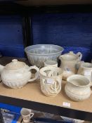 Studio Pottery: Sally Lewis, Upavon Wiltshire. Pale blue bowl, dia. 9ins. Plus cream glaze teapots x