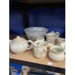 Studio Pottery: Sally Lewis, Upavon Wiltshire. Pale blue bowl, dia. 9ins. Plus cream glaze teapots x