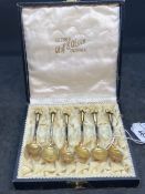 Scandinavian Silver: 925 gilt and enamelled set of six coffee spoons in fitted case. Weight 1.5oz.
