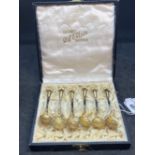 Scandinavian Silver: 925 gilt and enamelled set of six coffee spoons in fitted case. Weight 1.5oz.