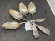 Hallmarked Silver: Flatware, three basting spoons and one marriage spoon. Georgian and Victorian,
