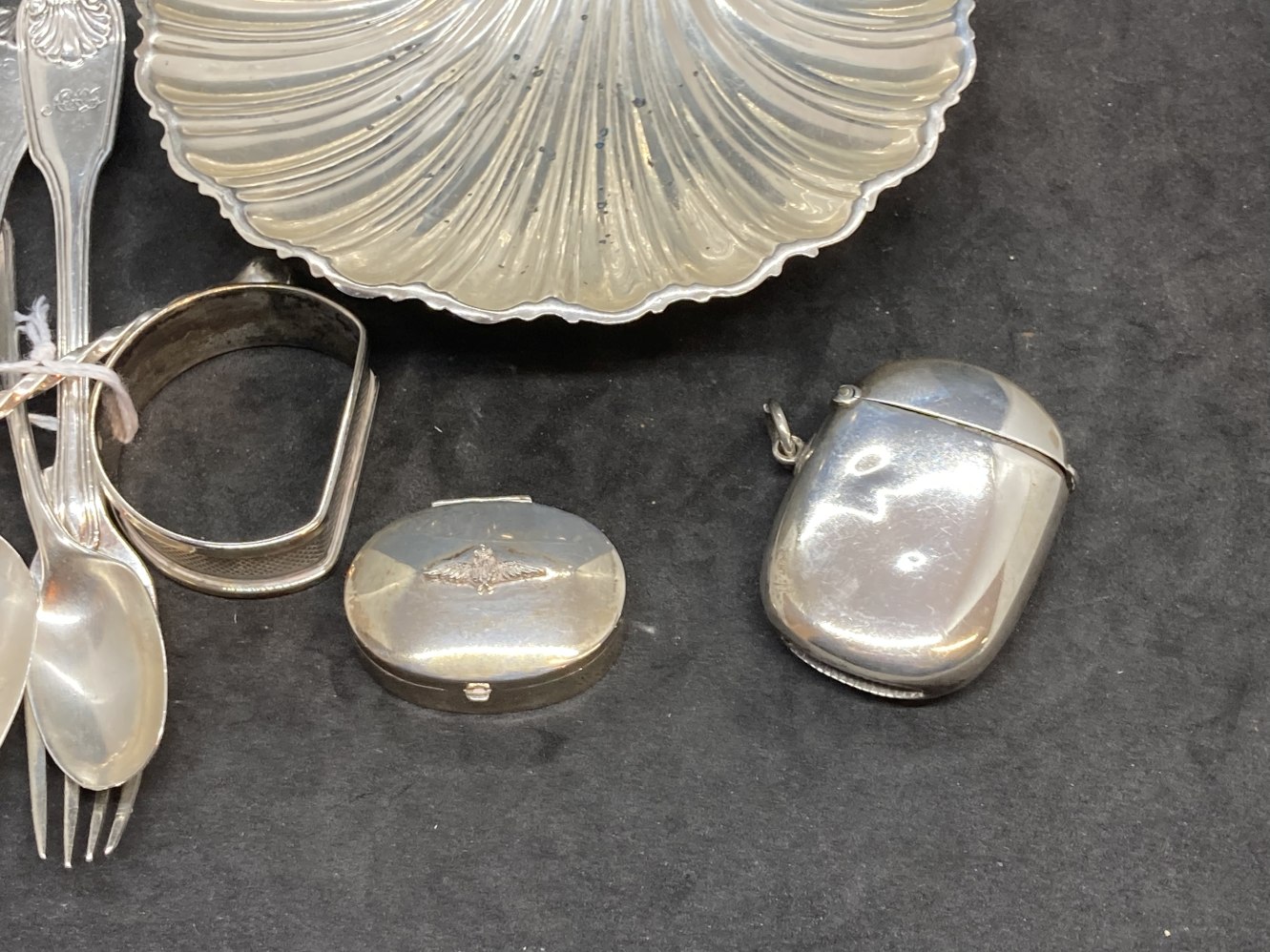 Hallmarked Silver: Butter dish, pill box, Vesta case, two spoons, napkin ring, etc. Various - Image 4 of 4
