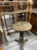 20th cent. Towel rail, Singer adjustable stool, and a two tier mahogany stand.