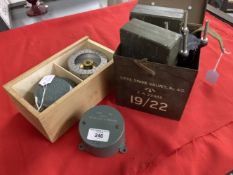 Military: Two Horstmann Admiralty Pattern clock 1952, timing device, plus green drab boxes