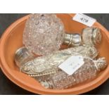 Hallmarked Silver & Glass: Dressing table items, two scent bottles, trinket dish, two powder