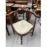 Edwardian inlaid mahogany corner chair with cross stretchers.