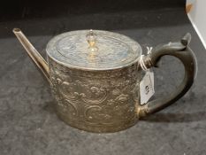 Hallmarked Silver: Georgian teapot engraved with Chinoiserie, scroll and floral decoration, hinged